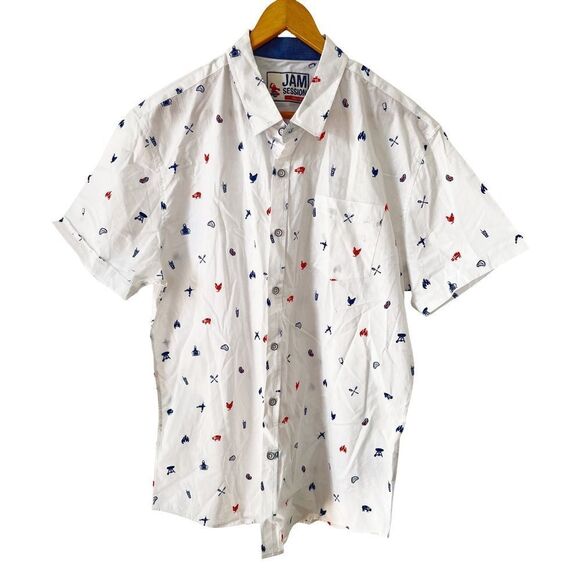 Jam Session White BBQ Themed Pattern Short Sleeve‎ Button Down Shirt - Picture 1 of 7